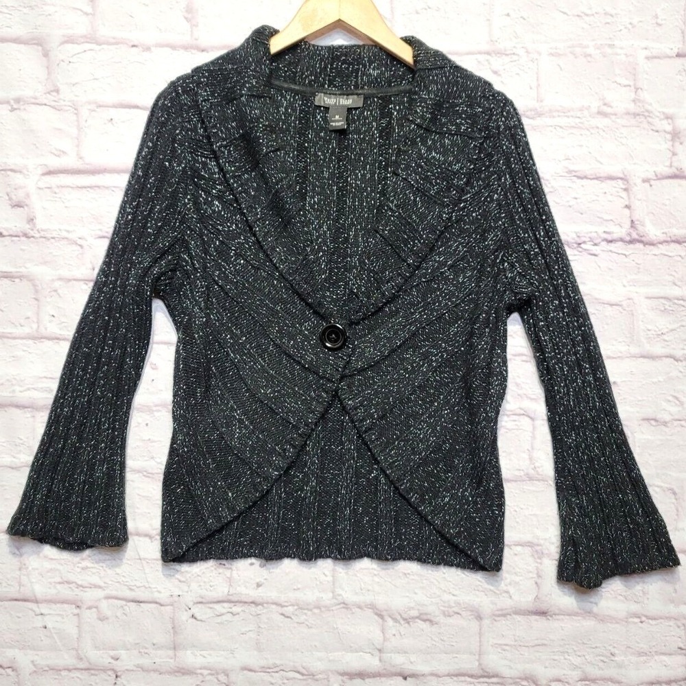 White House Black Market Cardigan Sweater Womens Medium M Black Silver Marled